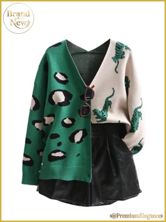 Sweaters - Women's Leopard Tiger Print Cardigan V-Neck Long Sleeve Button Down Loose Fit